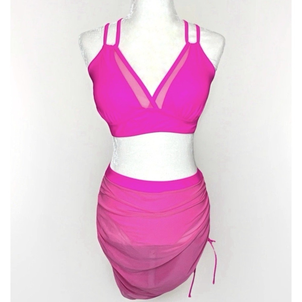 Bikini NWOT Set Women's Medium Hot Pink 2-Piece Swimsuit Attached Mesh Sarong